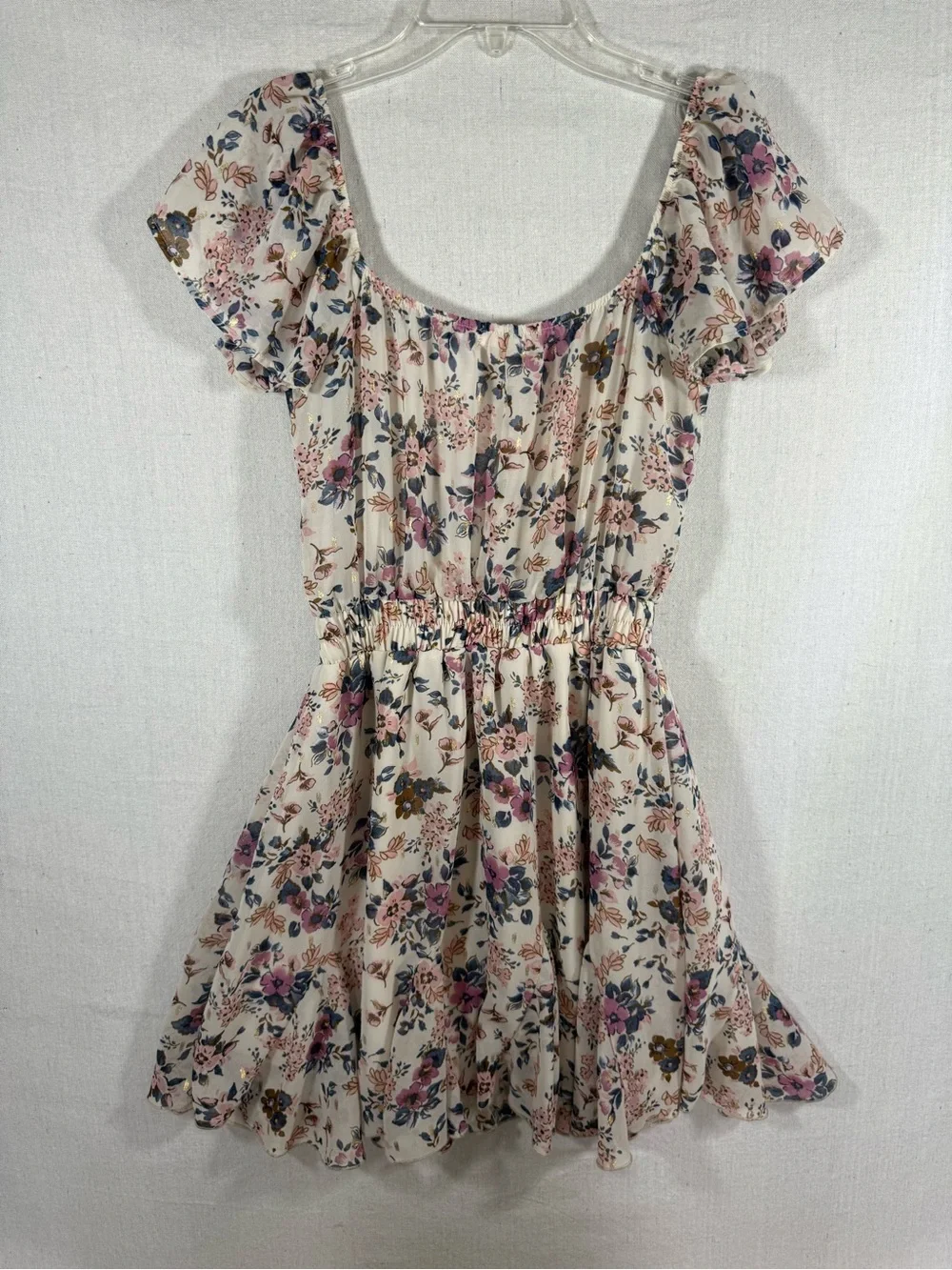 Mi Ami Floral Metallic Lurex Square Neck Mini Dress (XXS)